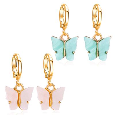 2PCS Butterfly Hoop Earrings. Acrylic Gold Butterfly Wings Huggie Earring,Cute Insect Butterfly Dangle Earrings Set for Women Jewelry (White + green)