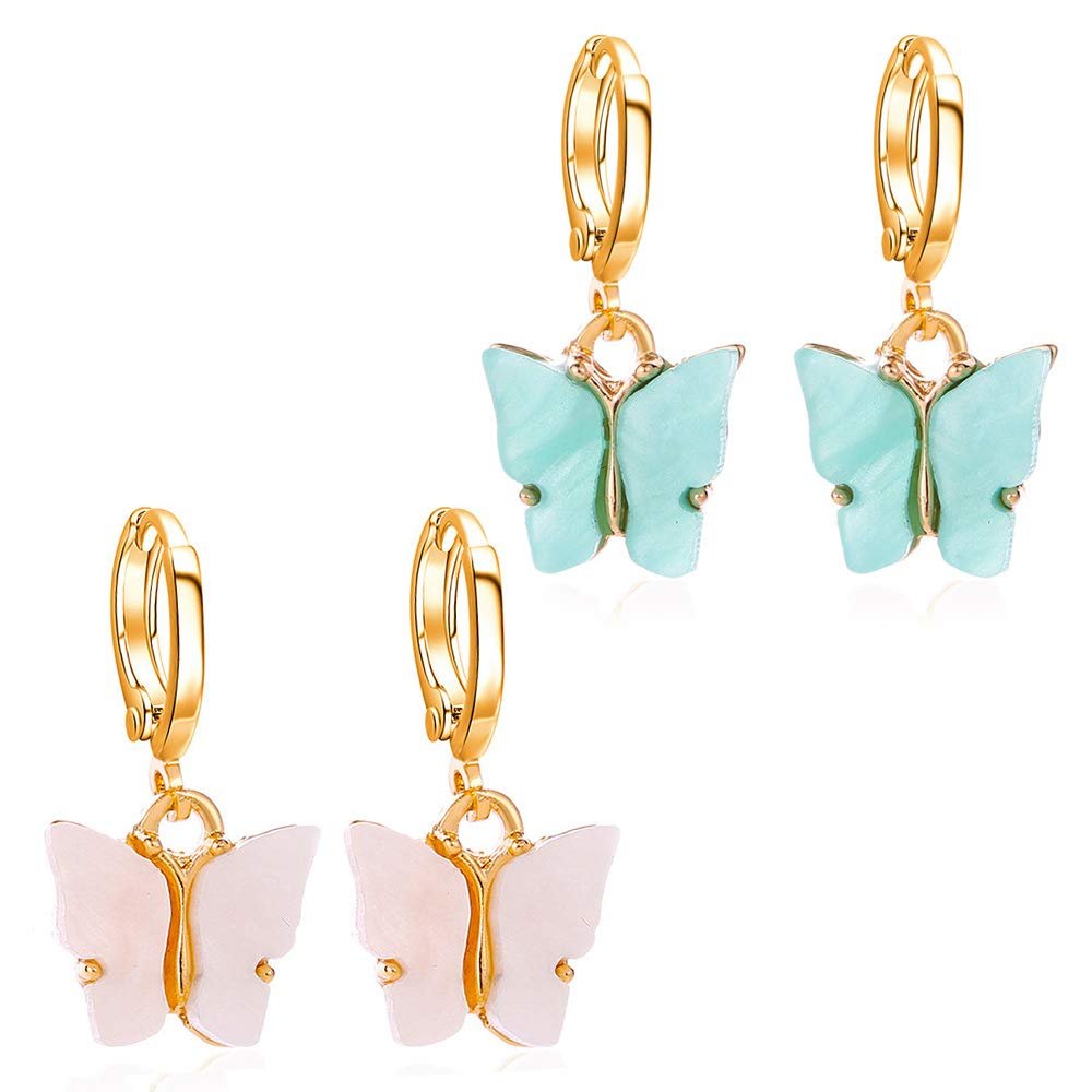 2PCS Butterfly Hoop Earrings. Acrylic Gold Butterfly Wings Huggie Earring,Cute Insect Butterfly Dangle Earrings Set for Women Jewelry (White + green)