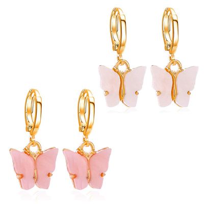 2PCS Butterfly Hoop Earrings. Acrylic Gold Butterfly Wings Huggie Earring,Cute Insect Butterfly Dangle Earrings Set for Women Jewelry (Pink + white)