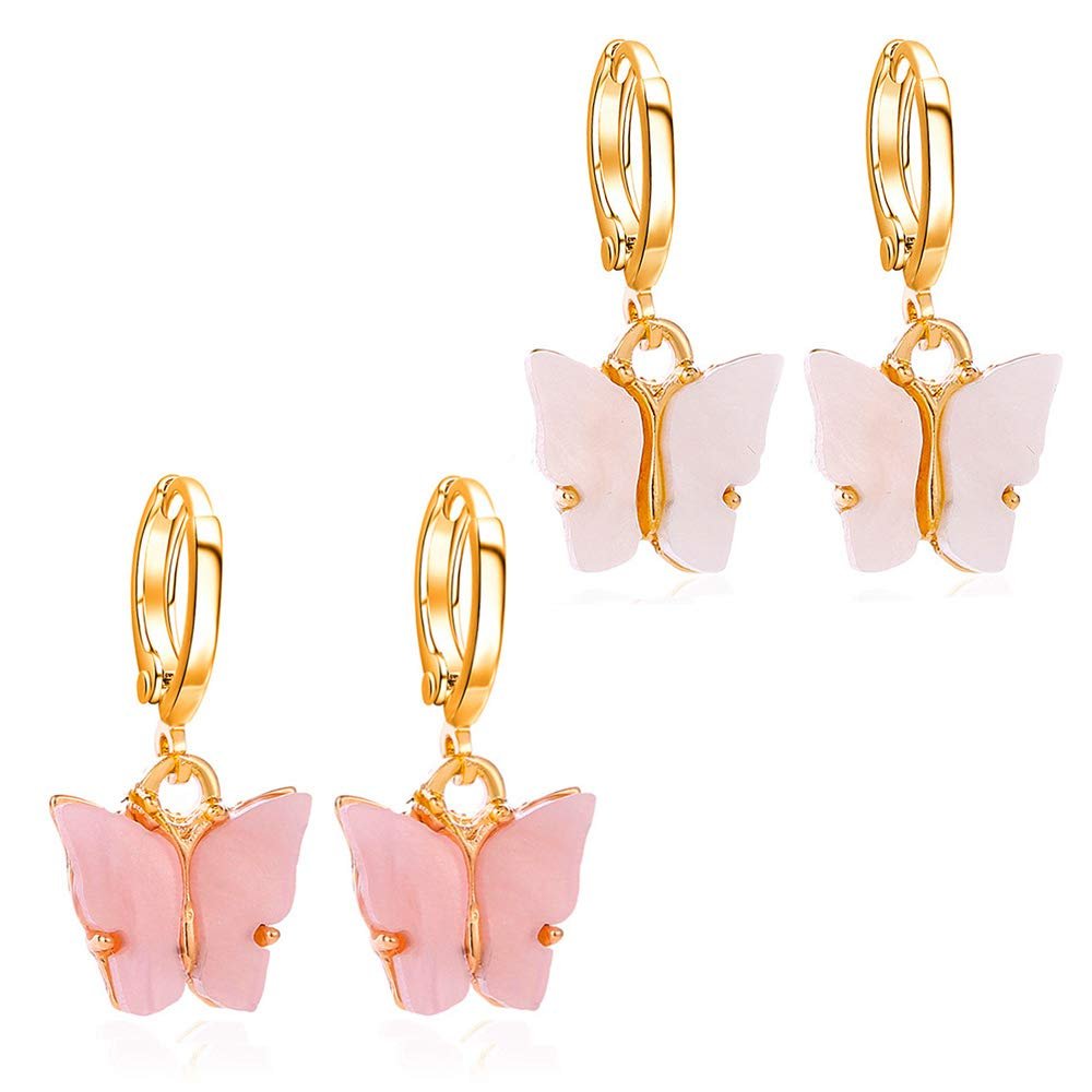 2PCS Butterfly Hoop Earrings. Acrylic Gold Butterfly Wings Huggie Earring,Cute Insect Butterfly Dangle Earrings Set for Women Jewelry (Pink + white)