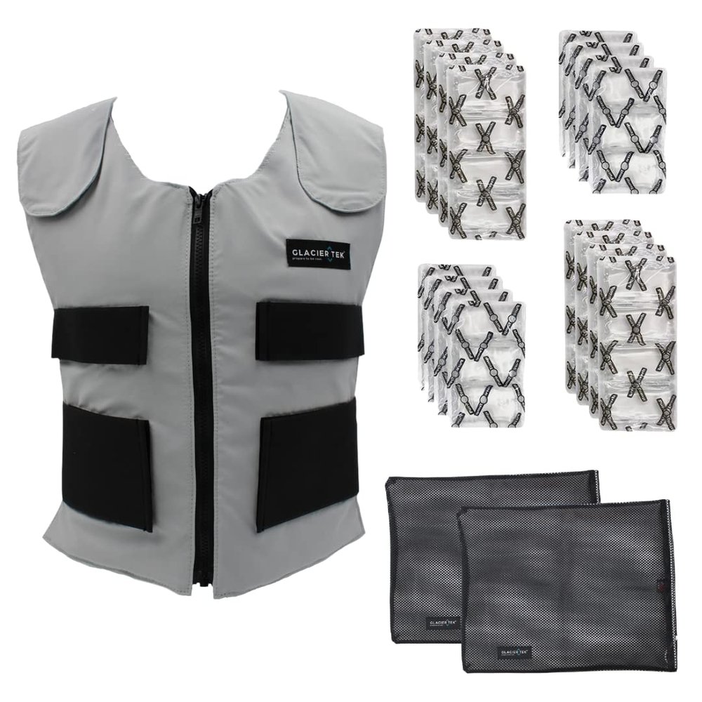 Glacier Tek Sports Cool Vest Bundle, with biobased Cooling Packs Plus Spare Pack Set Lgray