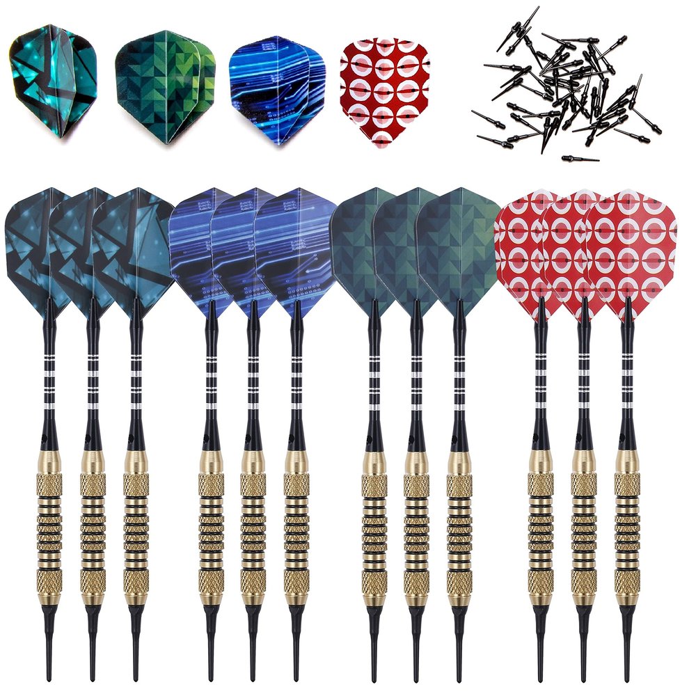 SHOT TAKER CO. EST. 2017 Professional Soft Tip Darts 12 PC | 12 Brass Barrels | 50 Extra Black 2BA Tips| 12 Aluminum Shafts | 16 Flights Standard| Multi Tool | Carry Bottle (18g Gold Barrel) STC10427