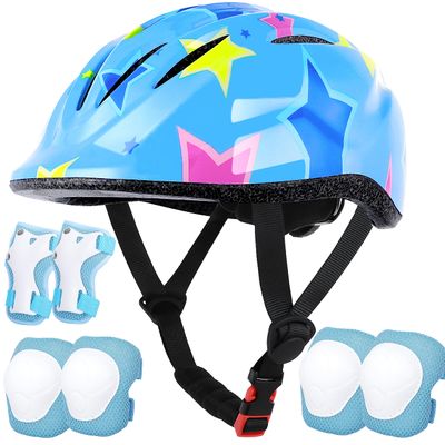 Lamsion Kids Helmet Adjustable with Sports Protective Gear Set Knee Elbow Wrist Pads for Toddler Ages 5 to 8 Years Old Boys Girls Cycling Skating Scooter Helmet-(Blue Star)