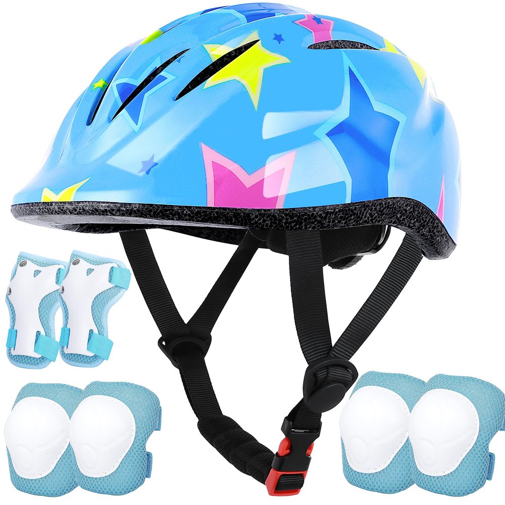 Lamsion Kids Helmet Adjustable with Sports Protective Gear Set Knee Elbow Wrist Pads for Toddler Ages 5 to 8 Years Old Boys Girls Cycling Skating Scooter Helmet-(Blue Star)