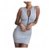Hiuwa Solid Black/Gray Zipper Mini Bodycon Dress for Women O-Neck Sleeveless Skinny Summer Streetwear Female Dresses Gray S view 1