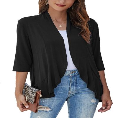 Bluetime Women Casual Lightweight Open Front Cardigans Soft Draped Ruffles 3/4 Sleeve Cardigan (XXL, Black)