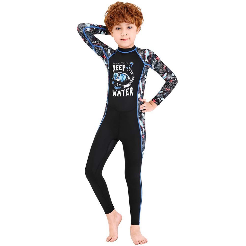 Full Body Kids Swimsuit One Piece Rash Guard Long Sleeve Wetsuit Skin for Girls Boys Children, Sunsuit Swimwear UPF 50+ UV Sun Protection Quick Dry for Beach Water Sports (Boy Black, L)