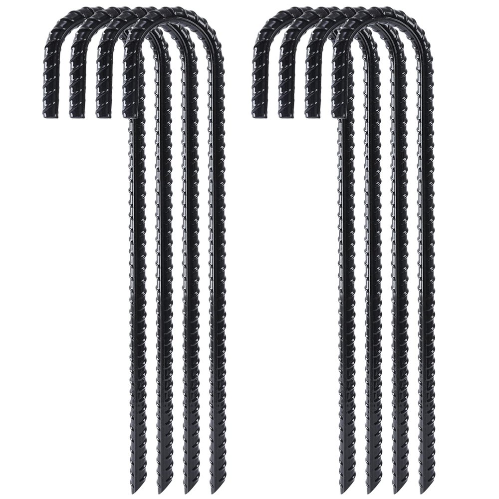 FEED GARDEN 12 Inch 8 Pack Rebar Stakes Heavy Duty J Hook, Galvanized Ground Stakes Tent Stakes Steel Ground Anchors, Chain Link Fence Stakes, Trampoline Stakes, Black