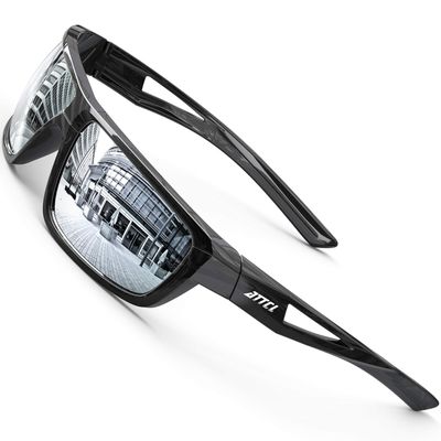 ATTCL Polarized Sunglasses Men Sports: UV Protection Lightweight TR90 Frame Anti-Slip Wrap-Around for Driving Fishing Golf J2021 Dark Black Silver