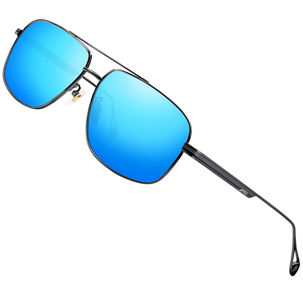 ATTCL Men's Vintage Driving Polarized Sunglasses Rectangular Metal Frame QL2022 Black+blue