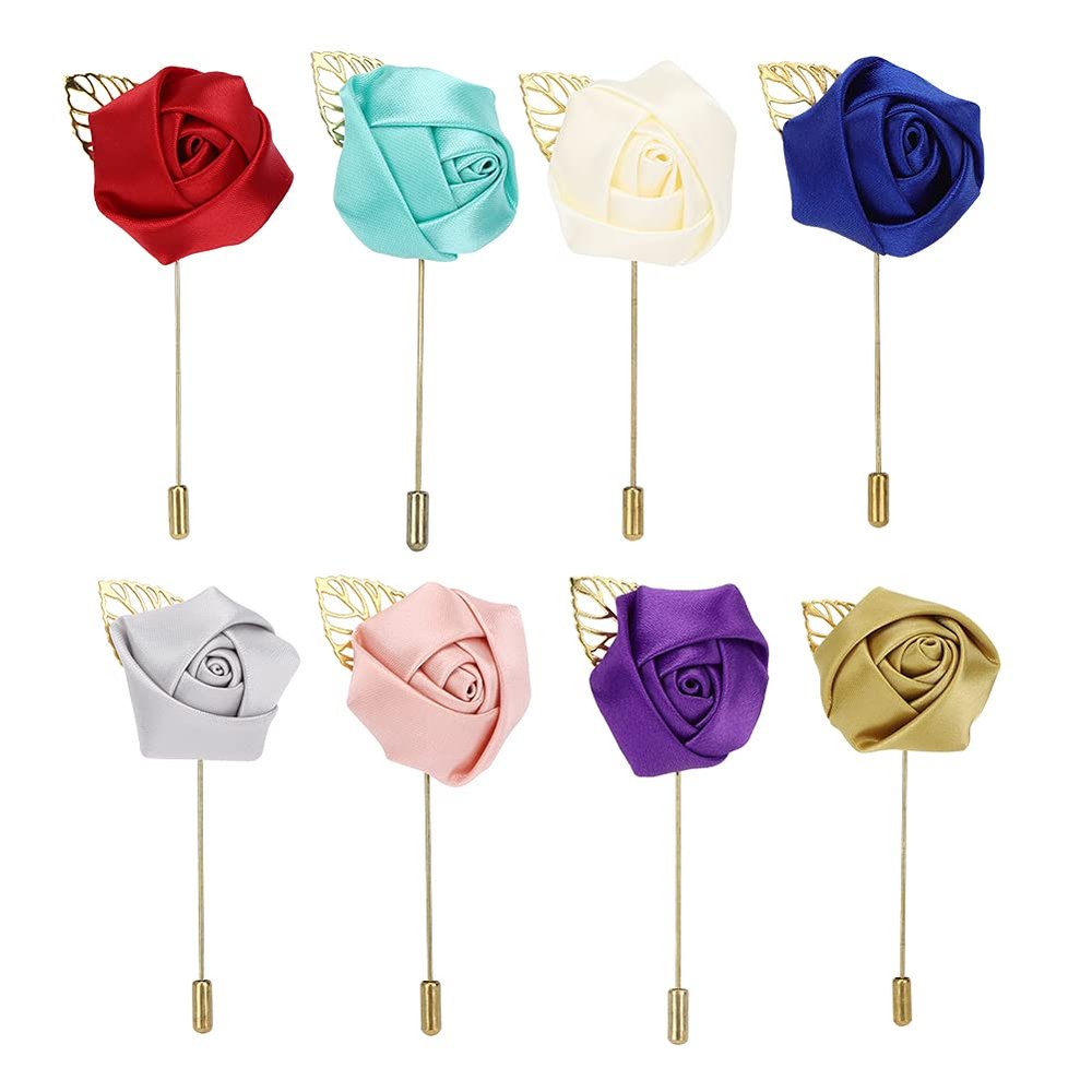 8pcs Satin Rose Lapel Pins,Flower Boutonniere Pins,Lapel Pin Boutonniere For Party Business Wedding Suit Decoration