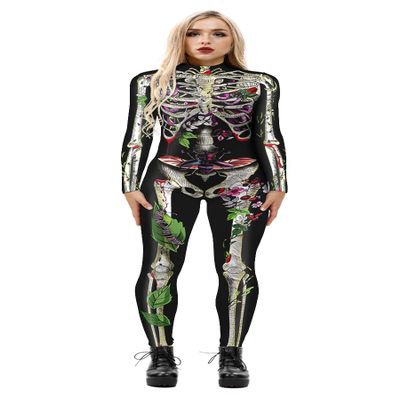 URVIP Women Halloween Skeleton Costume Stretch Skinny Catsuit Jumpsuit Bodysuit BAX-107 XL