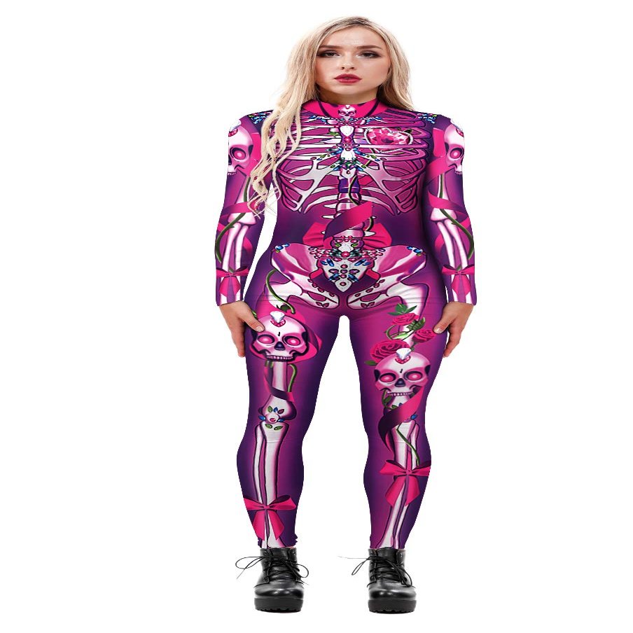 URVIP Women Halloween Skeleton Costume Stretch Skinny Catsuit Jumpsuit Bodysuit BAX-108 XL