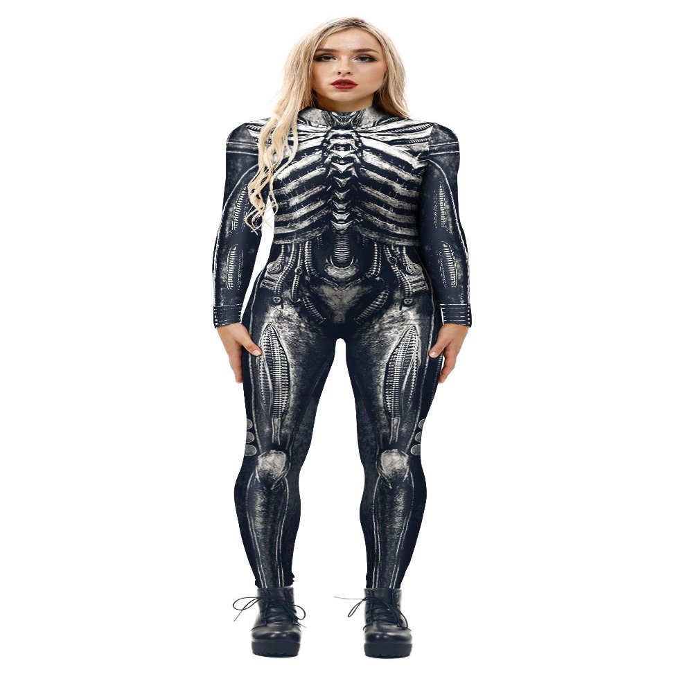 URVIP Women Halloween Skeleton Costume Stretch Skinny Catsuit Jumpsuit Bodysuit BAX-102 M