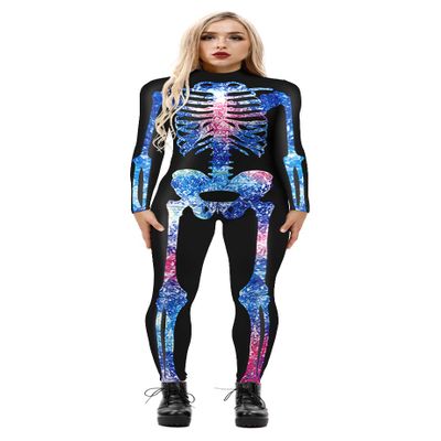 URVIP Women Halloween Skeleton Costume Stretch Skinny Catsuit Jumpsuit Bodysuit BAX-110 S