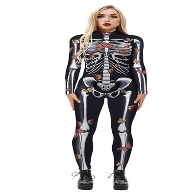URVIP Women Halloween Skeleton Costume Stretch Skinny Catsuit Jumpsuit Bodysuit BAX-105 M