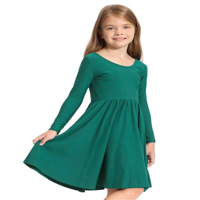 Stelle Girls Cotton Long Sleeve Dress Twirl Skater Dress, Green, 6 Years