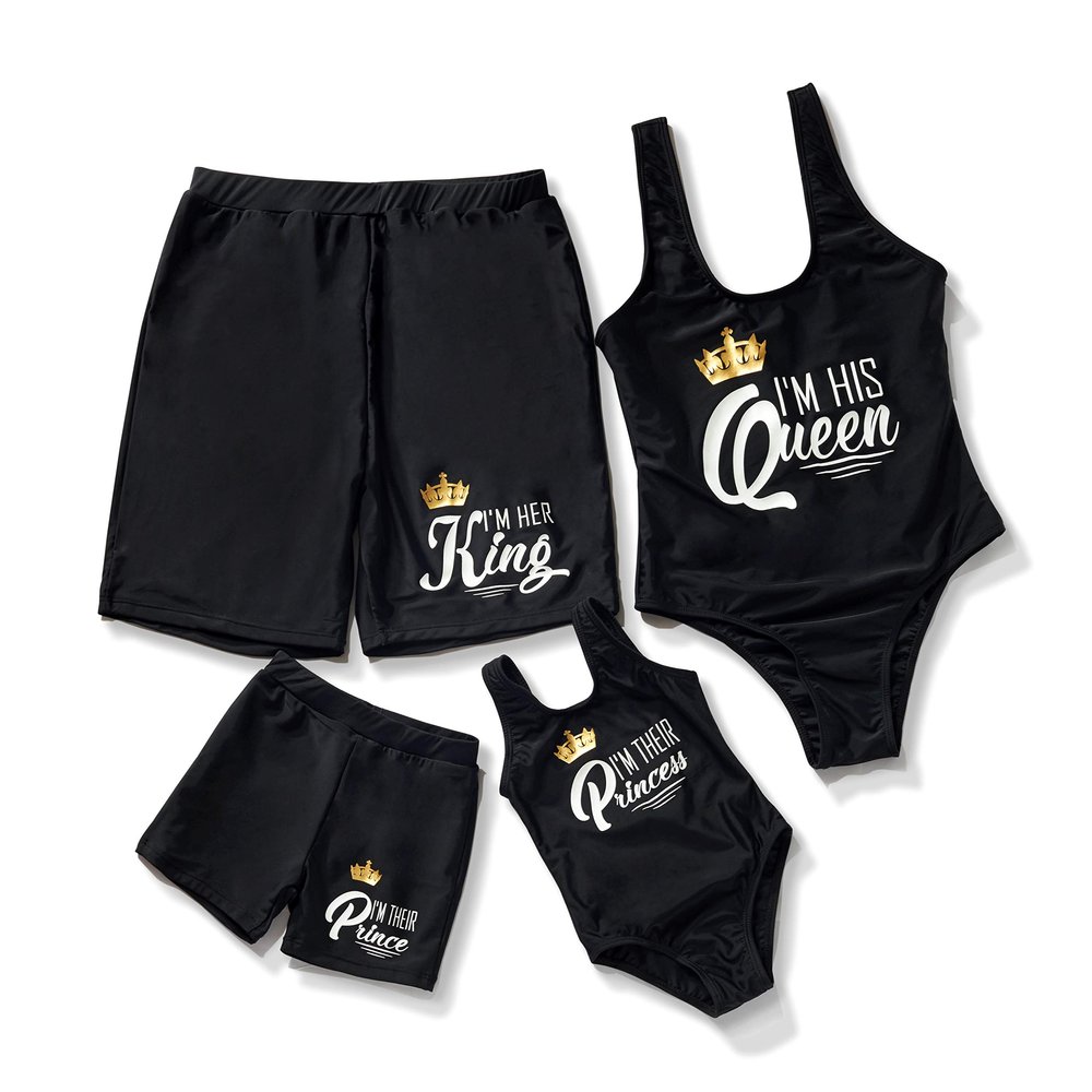 Herbeeza Family Matching Swimsuits One-Piece Bikini Mommy and Me Offset Printing Vintage Bathing Swimwear Black