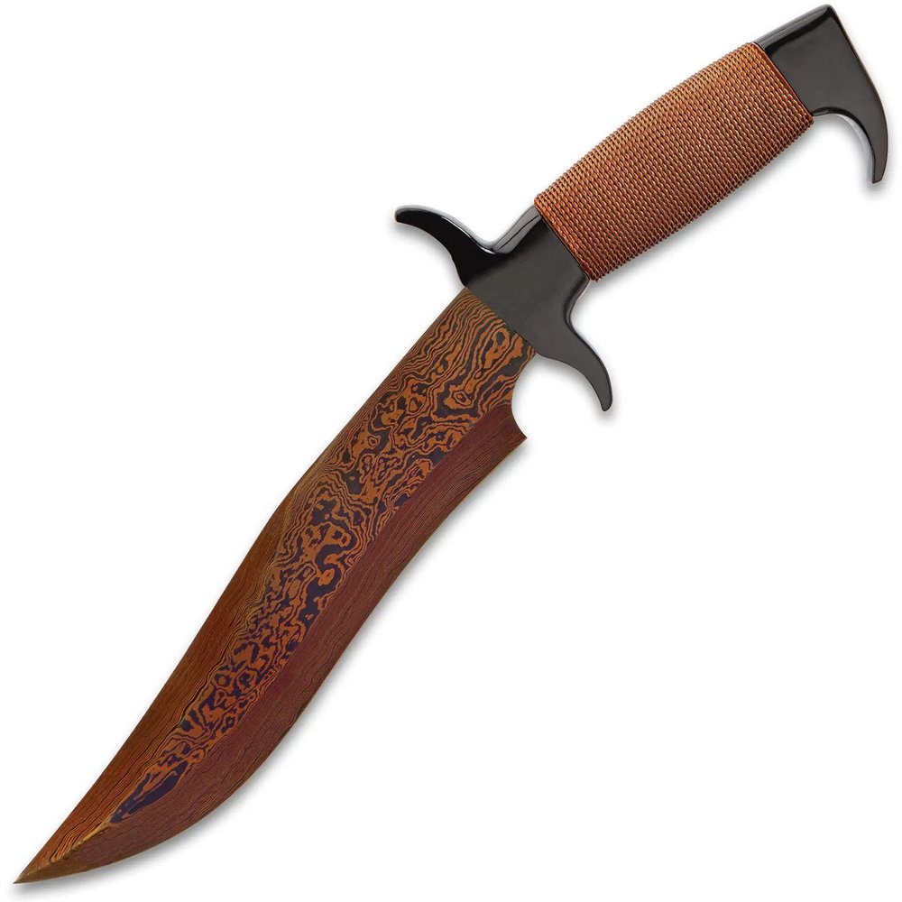 Gil Hibben Hellfyre Highlander Bowie Knife with Leather Belt Sheath - Damascus Steel Blade, Wire-Wrapped Handle, Black Metal Handguard and Pommel, Gotta Have Collectors Dream - Length 13 1/2"