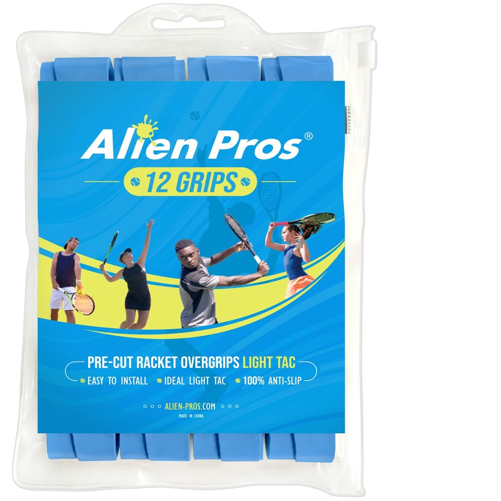 ALIEN PROS Tennis Racket Grip Tape (12 Grips) Precut and Light Tac Feel Tennis Grip Tennis Overgrip Grip Tape Tennis Racket Wrap Your Racquet for High Performance (12 Grips, Blue)