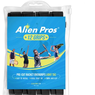 ALIEN PROS Tennis Racket Grip Tape (12 Grips)  Precut and Light Tac Feel Tennis Grip  Tennis Overgrip Grip Tape Tennis Racket  Wrap Your Racquet for High Performance (12 Grips, Black)