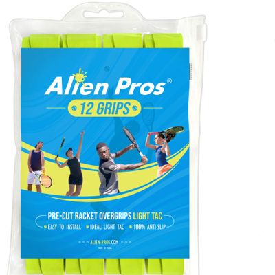 ALIEN PROS Tennis Racket Grip Tape (12 Grips)  Precut and Light Tac Feel Tennis Grip  Tennis Overgrip Grip Tape Tennis Racket  Wrap Your Racquet for High Performance (12 Grips, Neon Yellow)