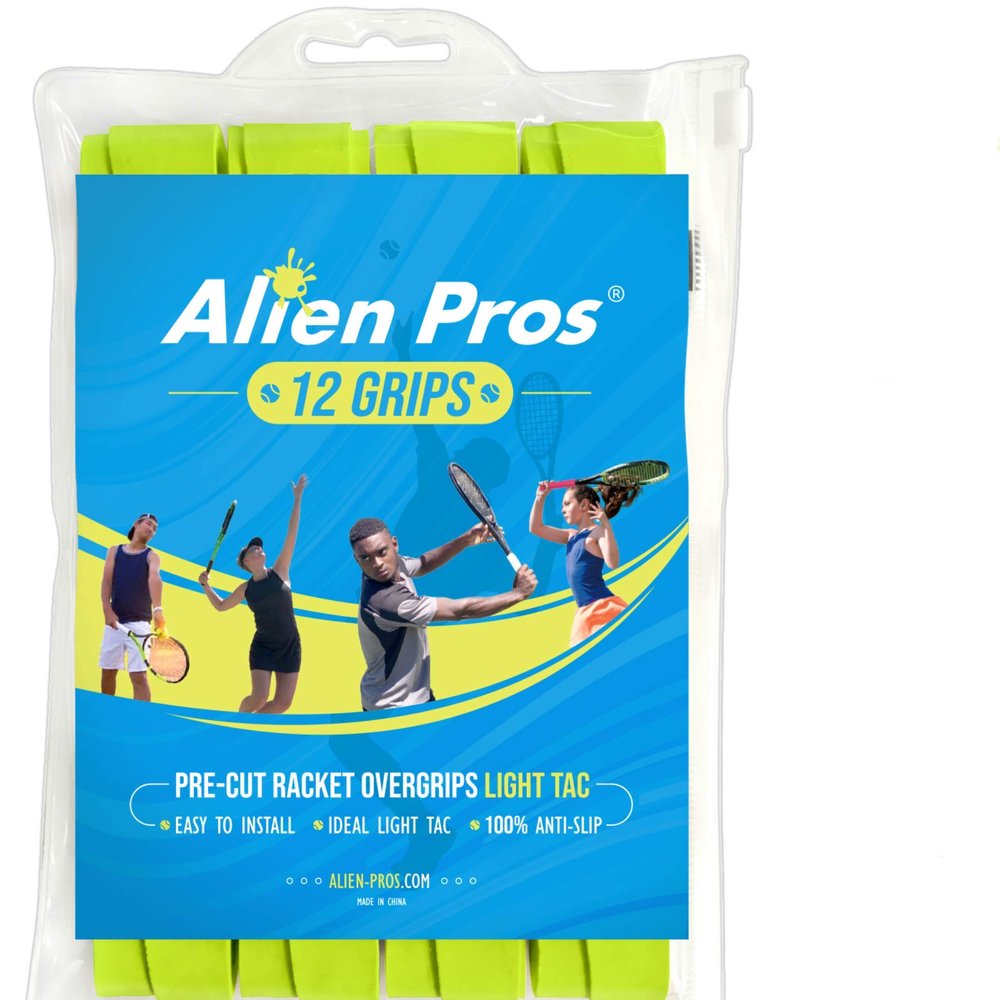 ALIEN PROS Tennis Racket Grip Tape (12 Grips) Precut and Light Tac Feel Tennis Grip Tennis Overgrip Grip Tape Tennis Racket Wrap Your Racquet for High Performance (12 Grips, Neon Yellow)