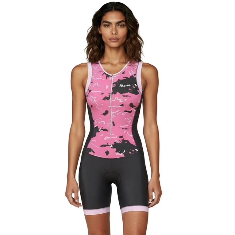 KONA Assault Women's Triathlon Race Suit - Speedsuit Skinsuit Trisuit Sleeveless - One-Piece Vest and Short Combo with Body-Mapped Ventilation (Pink, Small)