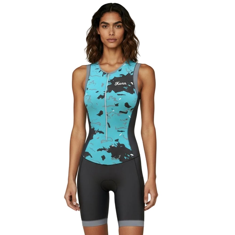 KONA Assault Women's Triathlon Race Suit - Speedsuit Skinsuit Trisuit Sleeveless - One-Piece Vest and Short Combo with Body-Mapped Ventilation (Large, Teal)