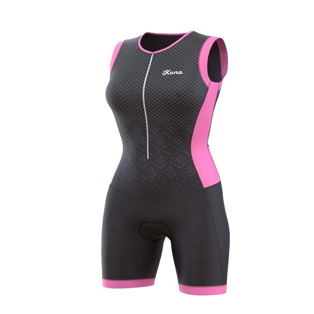 KONA Elite Women's Triathlon Race Suit - Speedsuit Skinsuit Trisuit Sleeveless - One-Piece Vest and Short Combo with Body-Mapped Ventilation (Pink, X-Large)