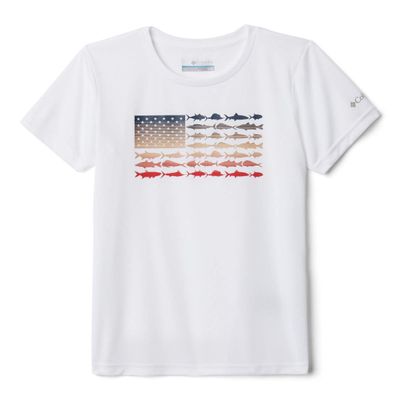 PFG Reel Adventure Short Sleeve Shirt, Sun Protection, White Faded Fish Flag, Medium