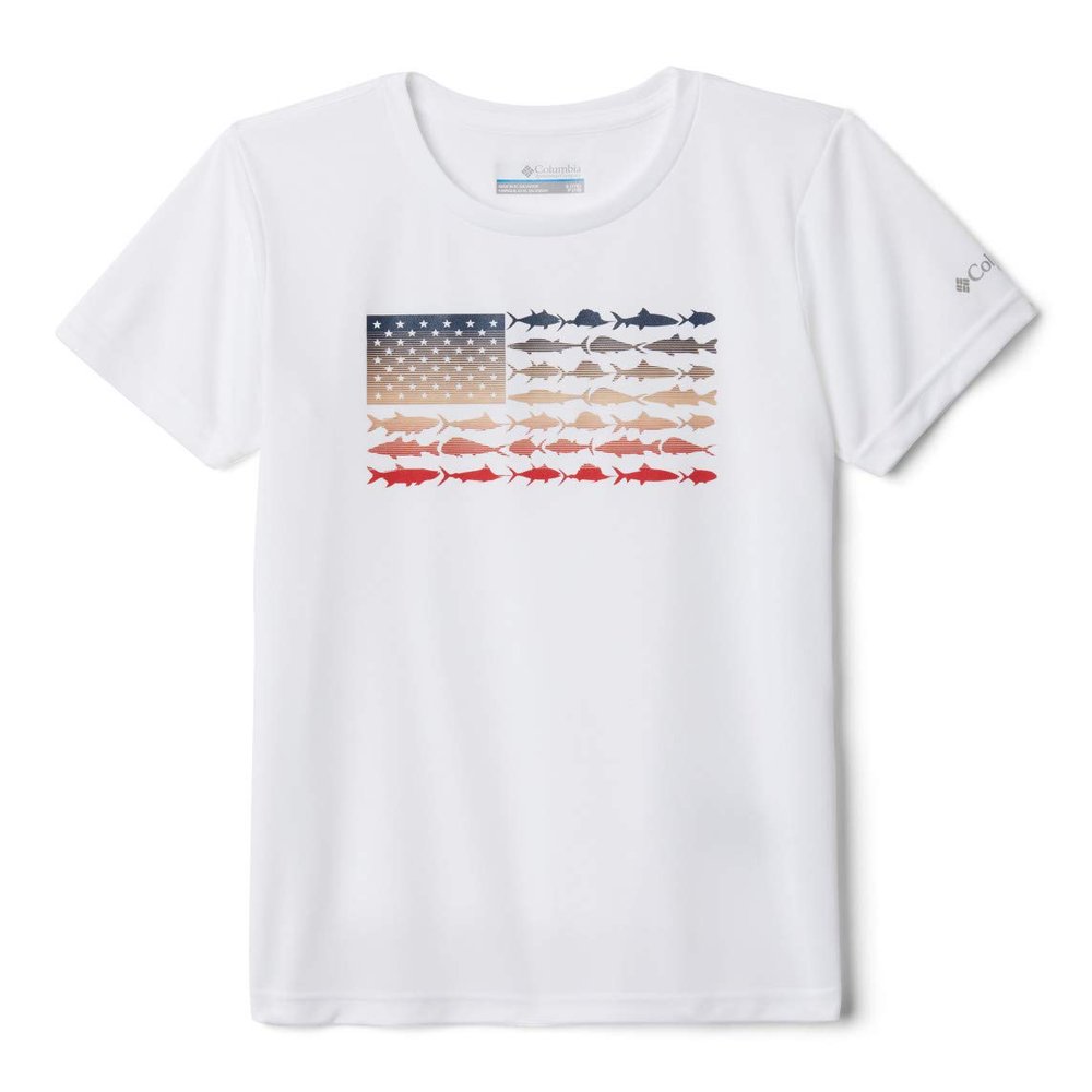 PFG Reel Adventure Short Sleeve Shirt, Sun Protection, White Faded Fish Flag, Medium