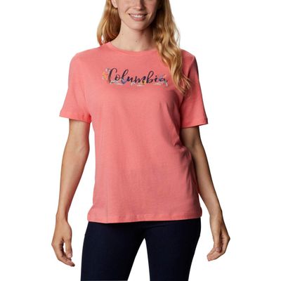 Columbia Women's Bluebird Day Relaxed Crew Neck, Salmon Heather/Floral Brand, 1X Plus