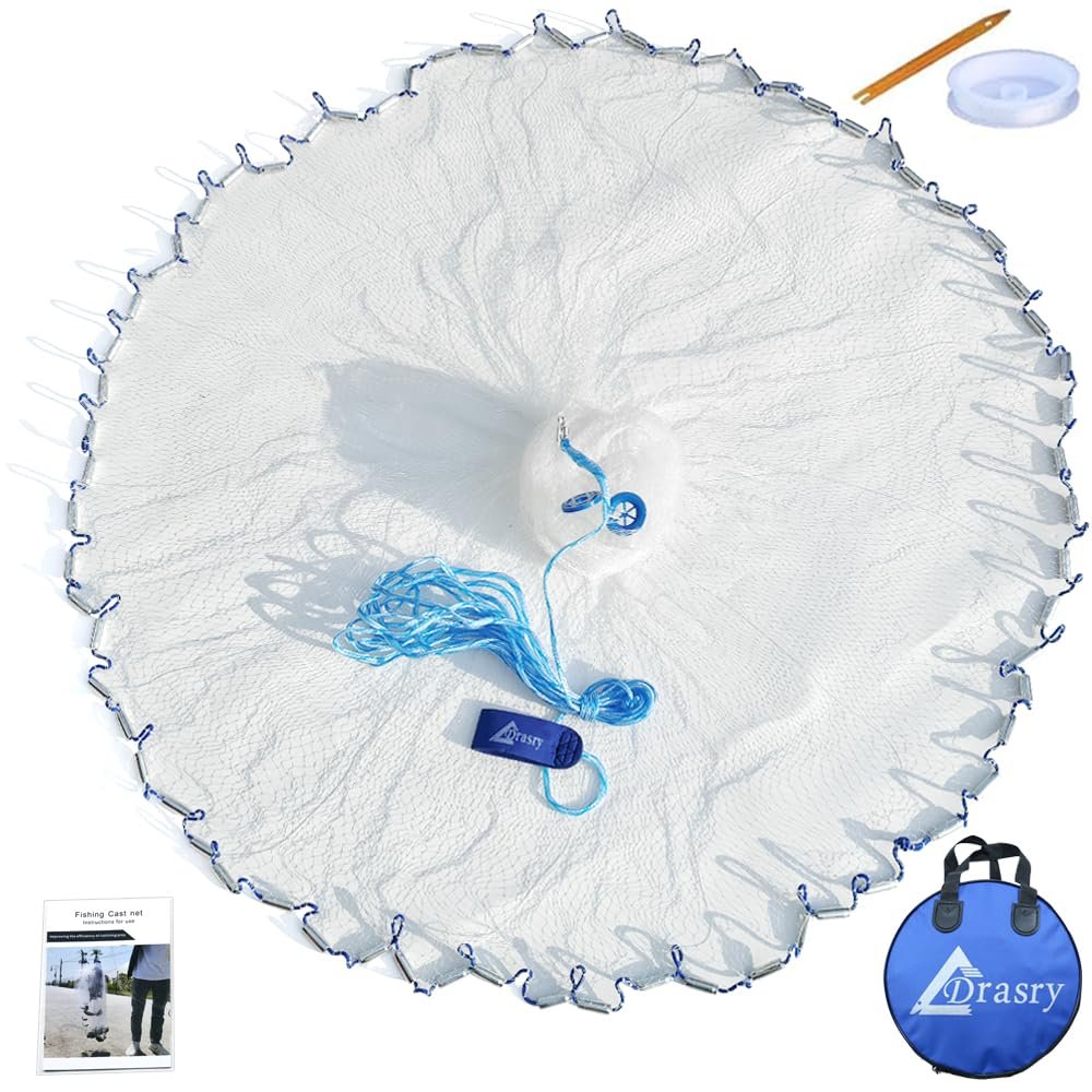 Drasry Saltwater American Fishing Cast Net 3/8inch Mesh Size for Bait Shrimp Trap Fish Heavy Duty Sinkers Throw Net 3FT to 12FT Radius 4FT Radius