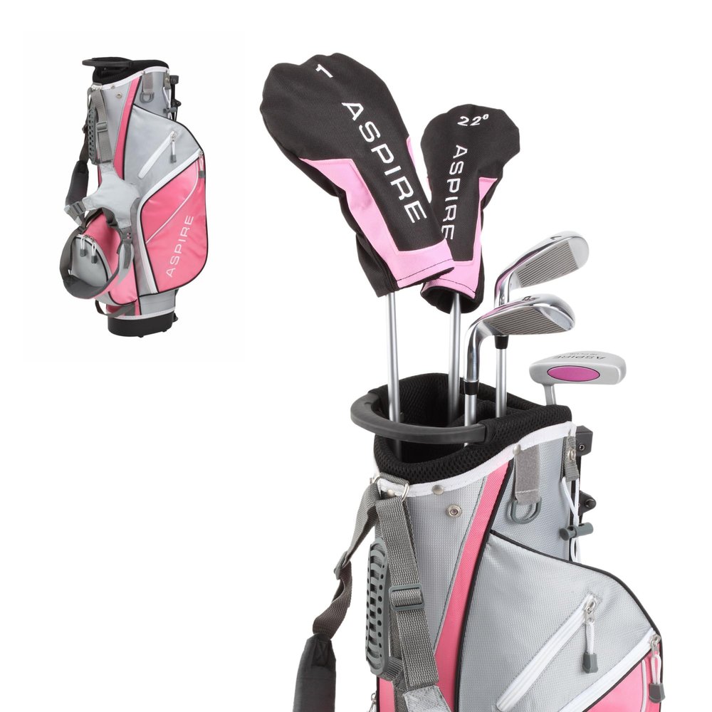 Aspire Junior Plus Kids Golf Clubs Boys & Girls Right-Handed Golf Set with Lightweight Stand Bag, Graphite Shafts & Aircraft-Grade Aluminum Clubs - Pink Ages 7-8