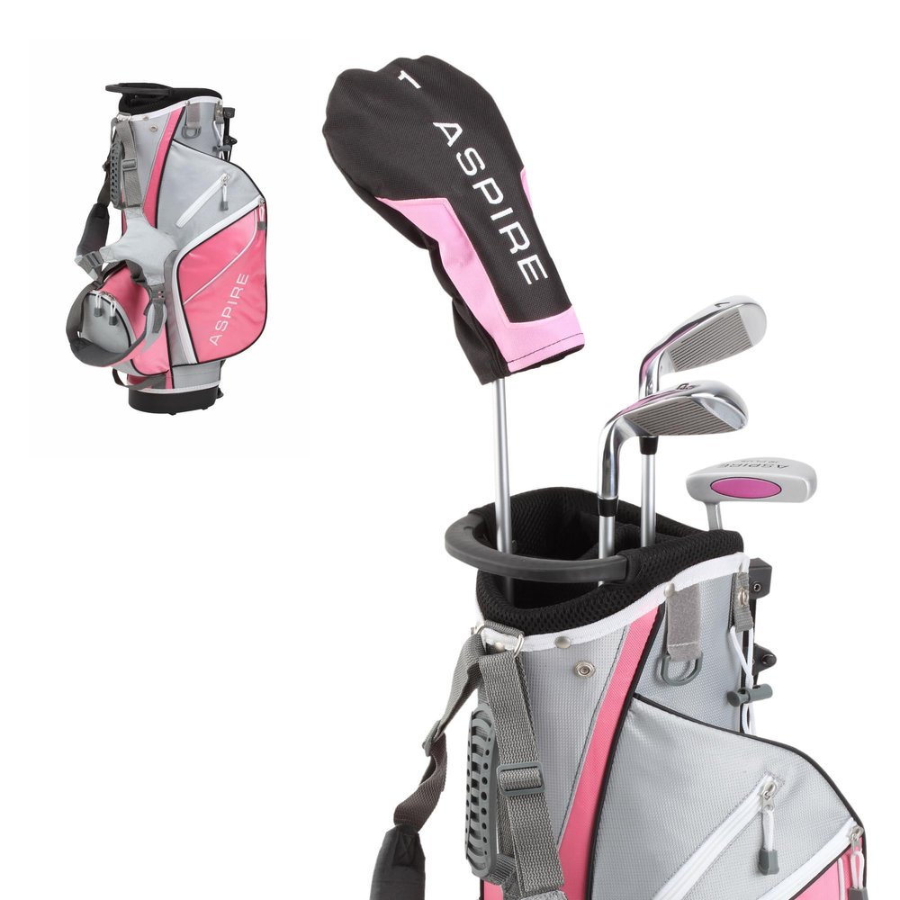 Aspire Junior Plus Kids Golf Clubs Boys & Girls Right-Handed Golf Set with Lightweight Stand Bag, Graphite Shafts & Aircraft-Grade Aluminum Clubs - Pink Ages 5-6