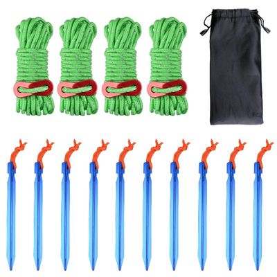 Azarxis Outdoors Tent Stakes Pegs with Reflective Guy Lines Ropes 13ft per Piece with Aluminum Cord Adjuster Tensioner for Camping Hiking Backpacking (10 Blue Pegs & 4 Grass Green Cords - 4mm)