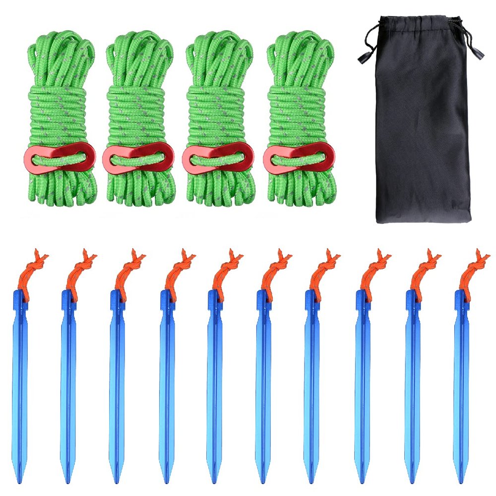 Azarxis Outdoors Tent Stakes Pegs with Reflective Guy Lines Ropes 13ft per Piece with Aluminum Cord Adjuster Tensioner for Camping Hiking Backpacking (10 Blue Pegs & 4 Grass Green Cords - 4mm)