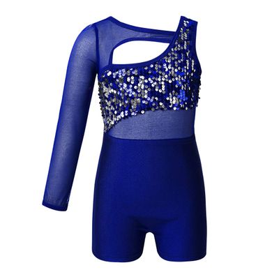 YiZYiF Girls' Kids' Sequin One Shoulder Long Sleeve Mesh Splice Bodysuit Cut Out Dance Gymnastics Unitard 04 Blue 3-4 Yr