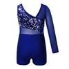 YiZYiF Girls' Kids' Sequin One Shoulder Long Sleeve Mesh Splice Bodysuit Cut Out Dance Gymnastics Unitard 04 Blue 3-4 Yr view 2