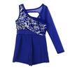 YiZYiF Girls' Kids' Sequin One Shoulder Long Sleeve Mesh Splice Bodysuit Cut Out Dance Gymnastics Unitard 04 Blue 3-4 Yr view 3