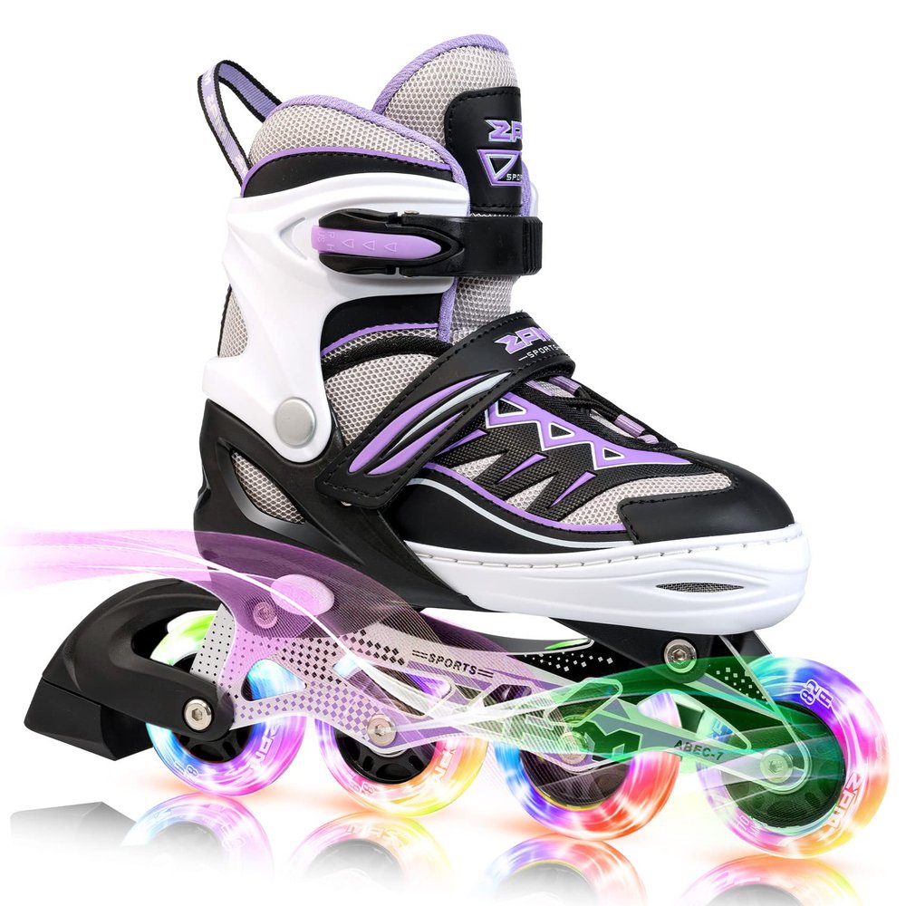 2PM SPORTS Cytia Pink Girls Adjustable Illuminating Inline Skates with Light up Wheels, Fun Flashing Beginner Roller Skates for Kids (Purple, Medium - Big Kid (13C-3 US))