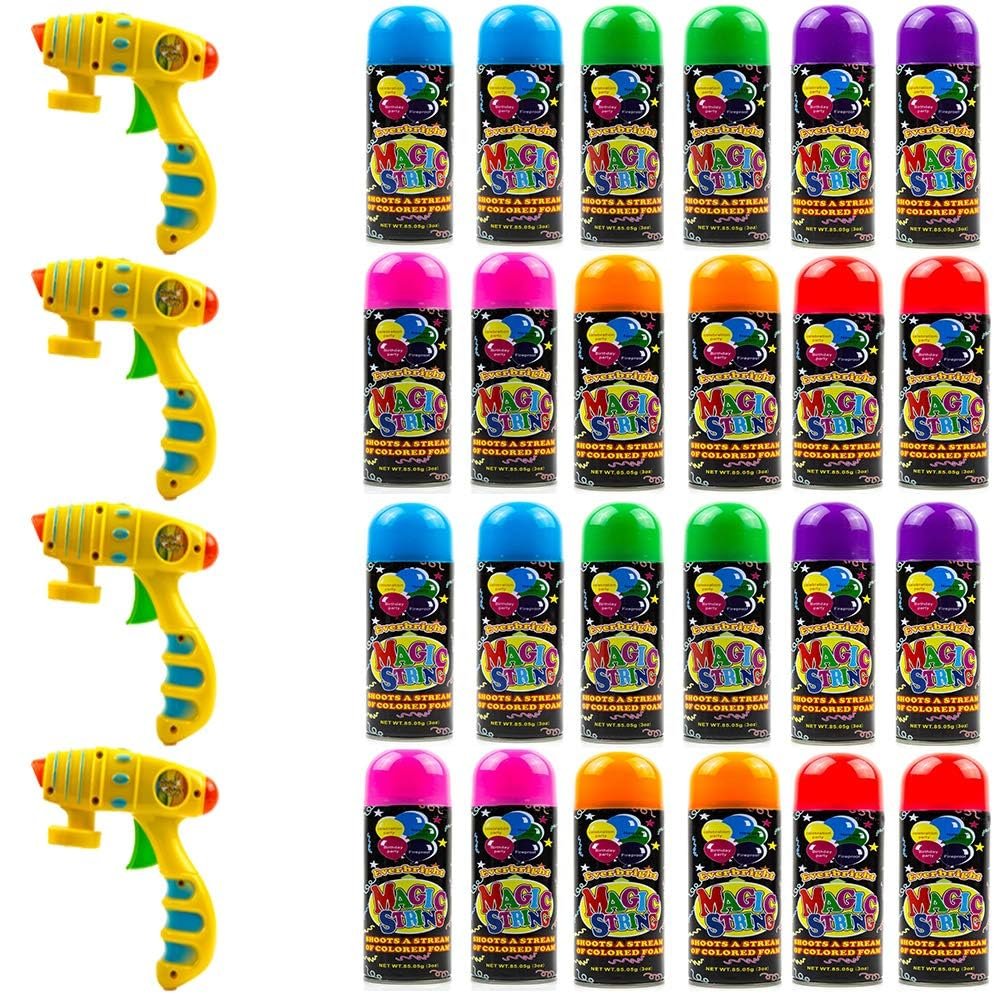 Toysery Party Streamer - Ultimate Spray String for Kids Christmas Party. Elevate Your Celebrations with Crazy Fun! Comes with 24 Spray String in Can (3oz) & 4 Streamer Shooter Guns