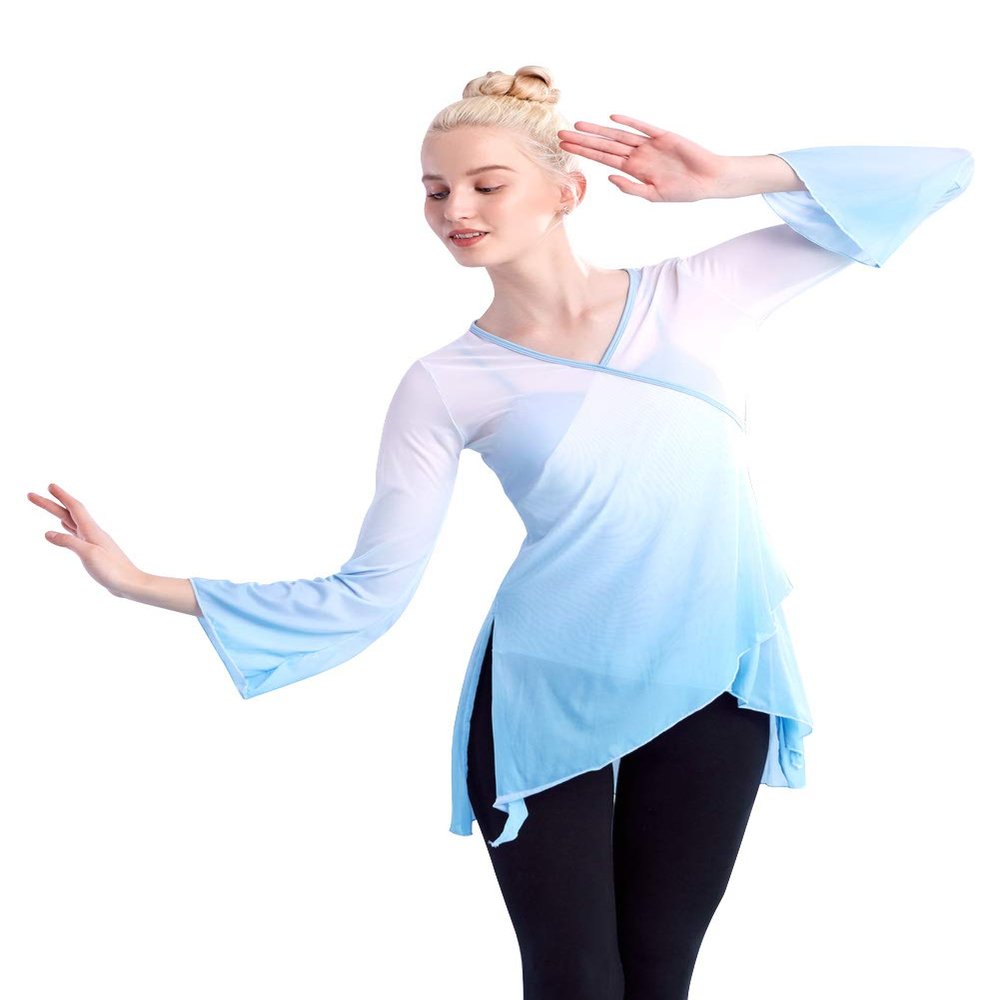 Daydance Women Ballet Tops Fading Color Mesh Balet Cover Up for Leotards, Swim Wear Sky Blue