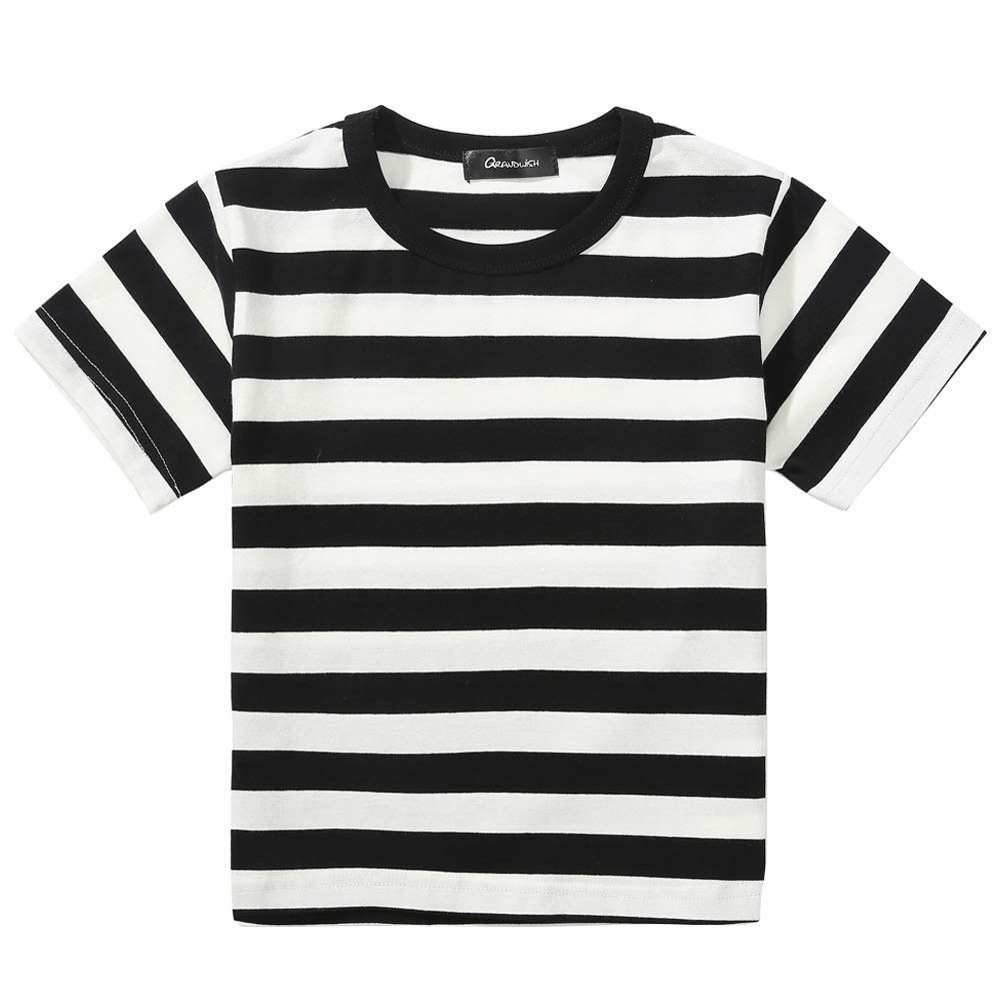 Boys Black and White Striped T-Shirt, Short Sleeve Crewneck Tees Top Shirt Size 8