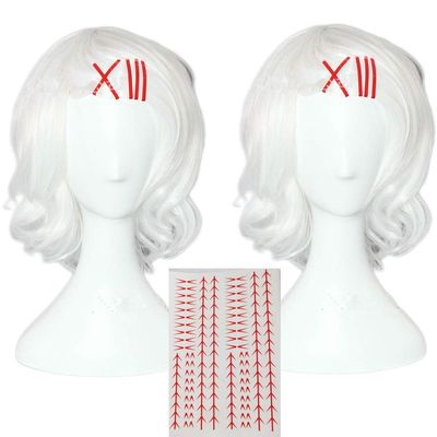 Betonsa Cosplay Wig Anime Short White Wavy Halloween Xmas Party Wigs with 5clips tattoo