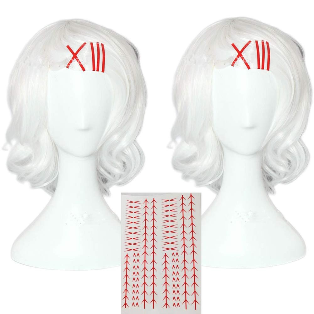 Betonsa Cosplay Wig Anime Short White Wavy Halloween Xmas Party Wigs with 5clips tattoo