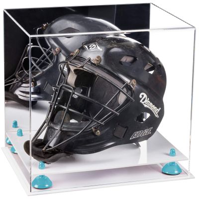 Better Display Cases Acrylic Catchers Helmet Display Case with Mirror, Blue Risers and White Base (V44)