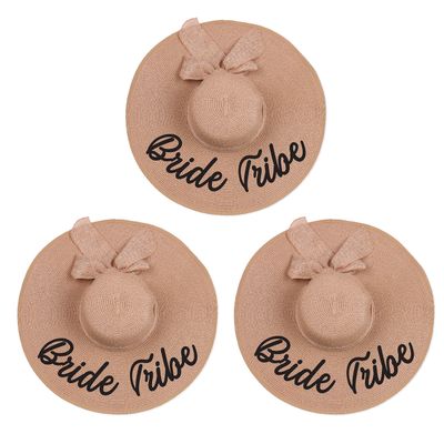3-Pack Bride Tribe Floppy Sun Hat Beach Bridesmaid Bachelorette Party Favor Adjustable Straw Wide Brim (Brown, Customized Text)