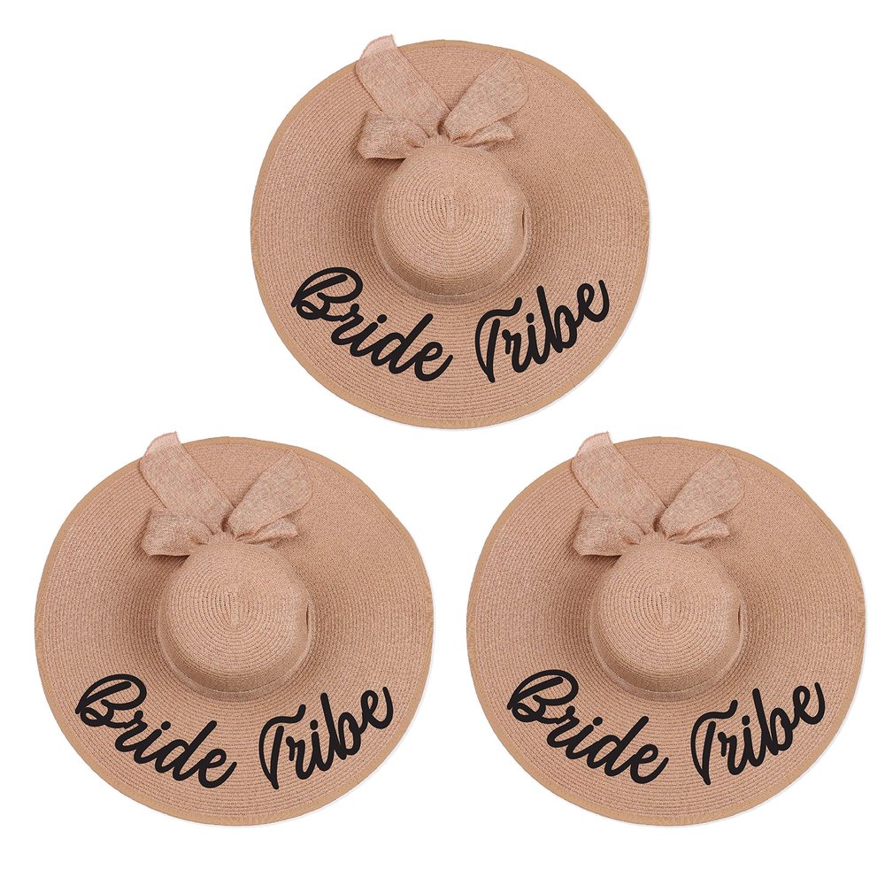 3-Pack Bride Tribe Floppy Sun Hat Beach Bridesmaid Bachelorette Party Favor Adjustable Straw Wide Brim (Brown, Customized Text)